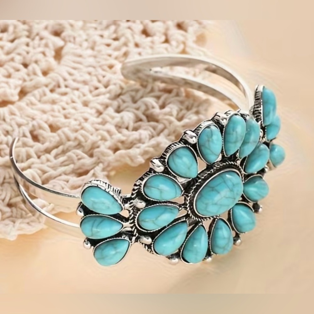Western Bracelet Turquoise Silver Floral Bracelet Bohemian Southwestern